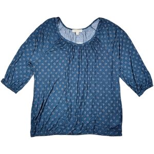 Michael Kors Peasant Blouse Womens Plus 2X Teal Blue Medallion Top 3/4 Sleeve‎